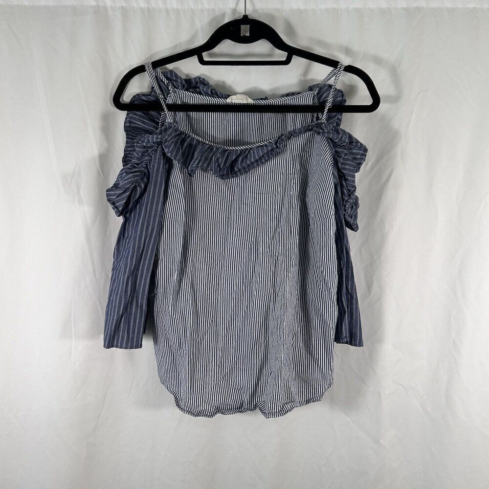 Jane Delancey Blouse Women's Medium Blue Striped Cold Shoulder 3/4 Sleeve